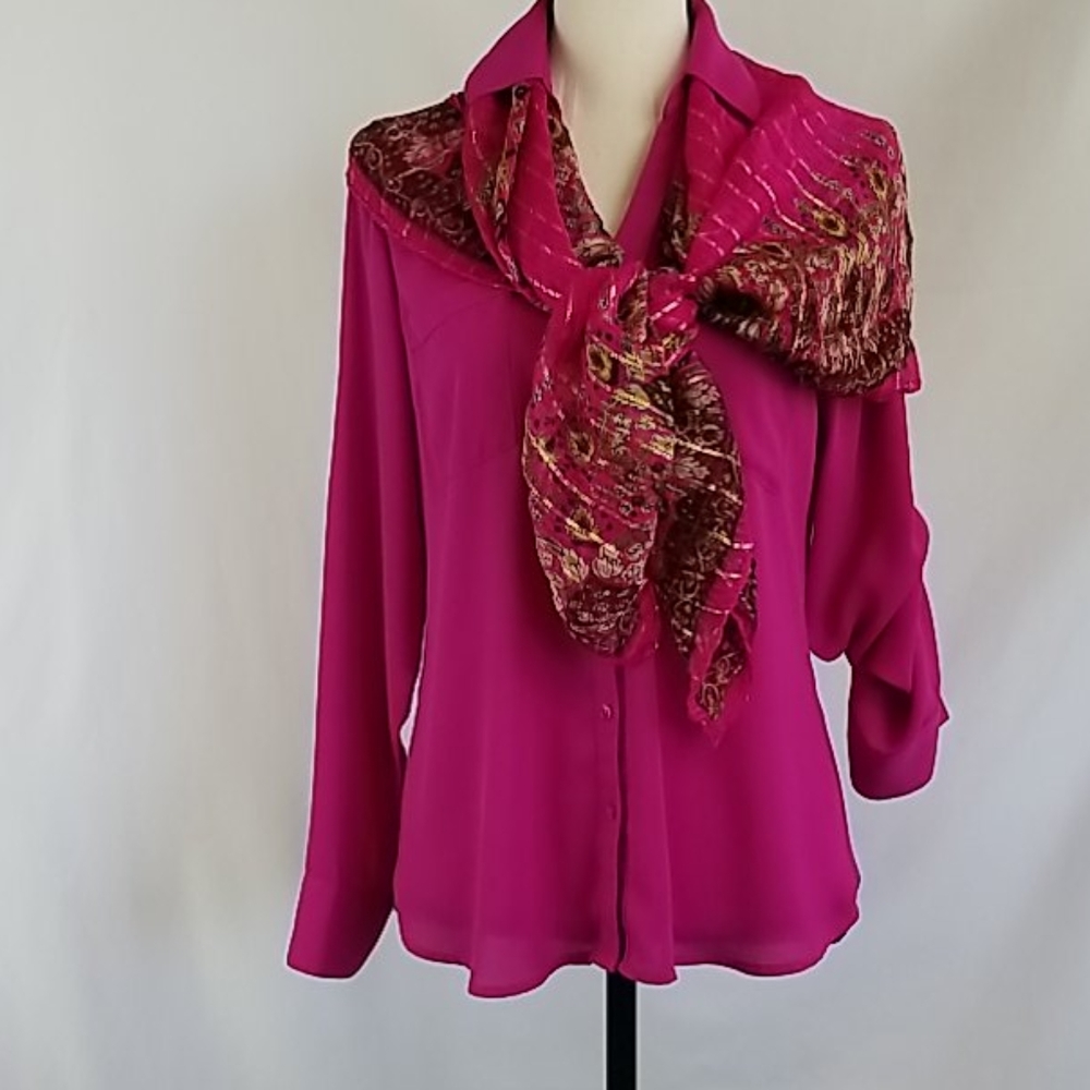Hot pink button down blouse with scarf.